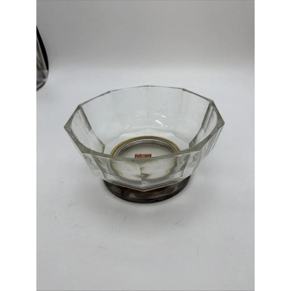 Italy Crystal Paneled Bowl With Silver Plate Base MCM Vintage Heavy